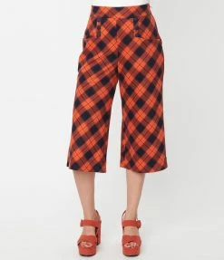 Unique Vintage Orange & Dark Navy Plaid Ginger Culottes Sale