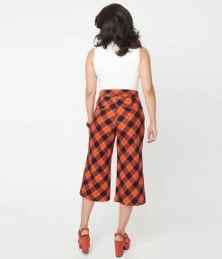 Unique Vintage Orange & Dark Navy Plaid Ginger Culottes Sale