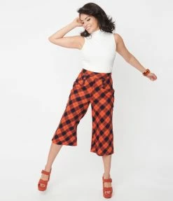 Unique Vintage Orange & Dark Navy Plaid Ginger Culottes Sale