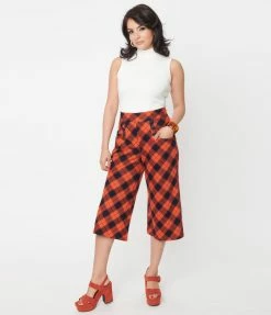 Unique Vintage Orange & Dark Navy Plaid Ginger Culottes Sale