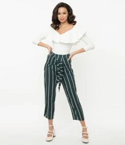 Dazz Retro Style Dark Teal & White Stripe Pants Sale
