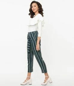 Dazz Retro Style Dark Teal & White Stripe Pants Sale