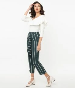 Dazz Retro Style Dark Teal & White Stripe Pants Sale