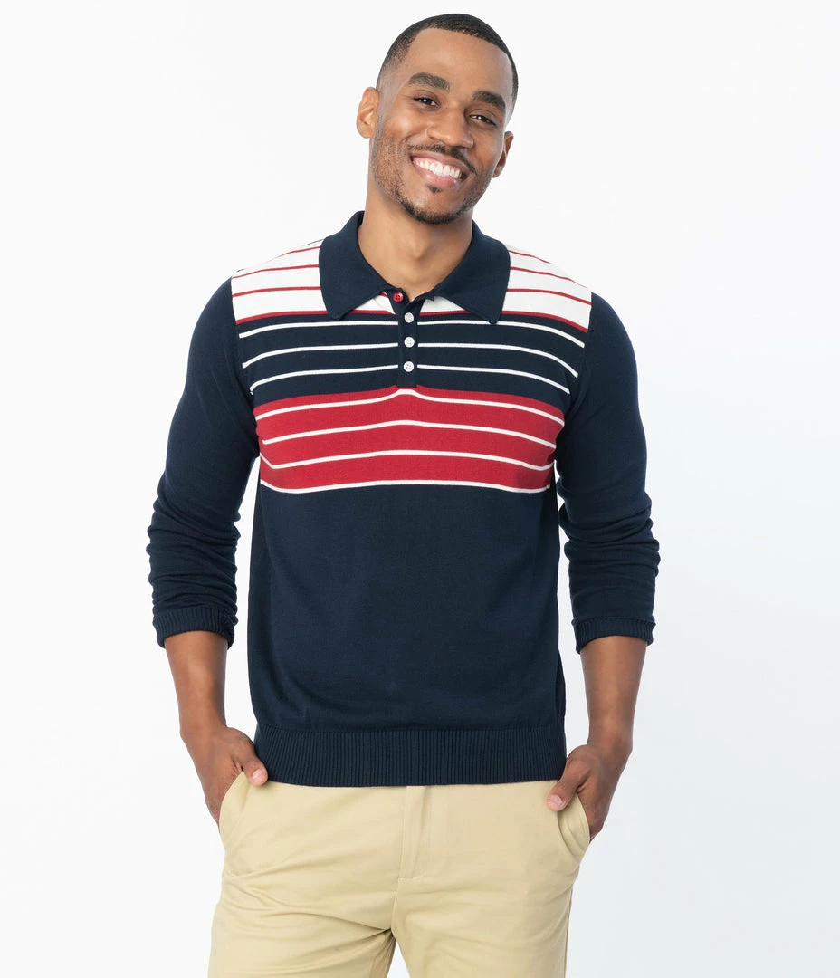 Collectif Navy & Red & White Stripe Jo Hunter Mens Polo Shirt Sale