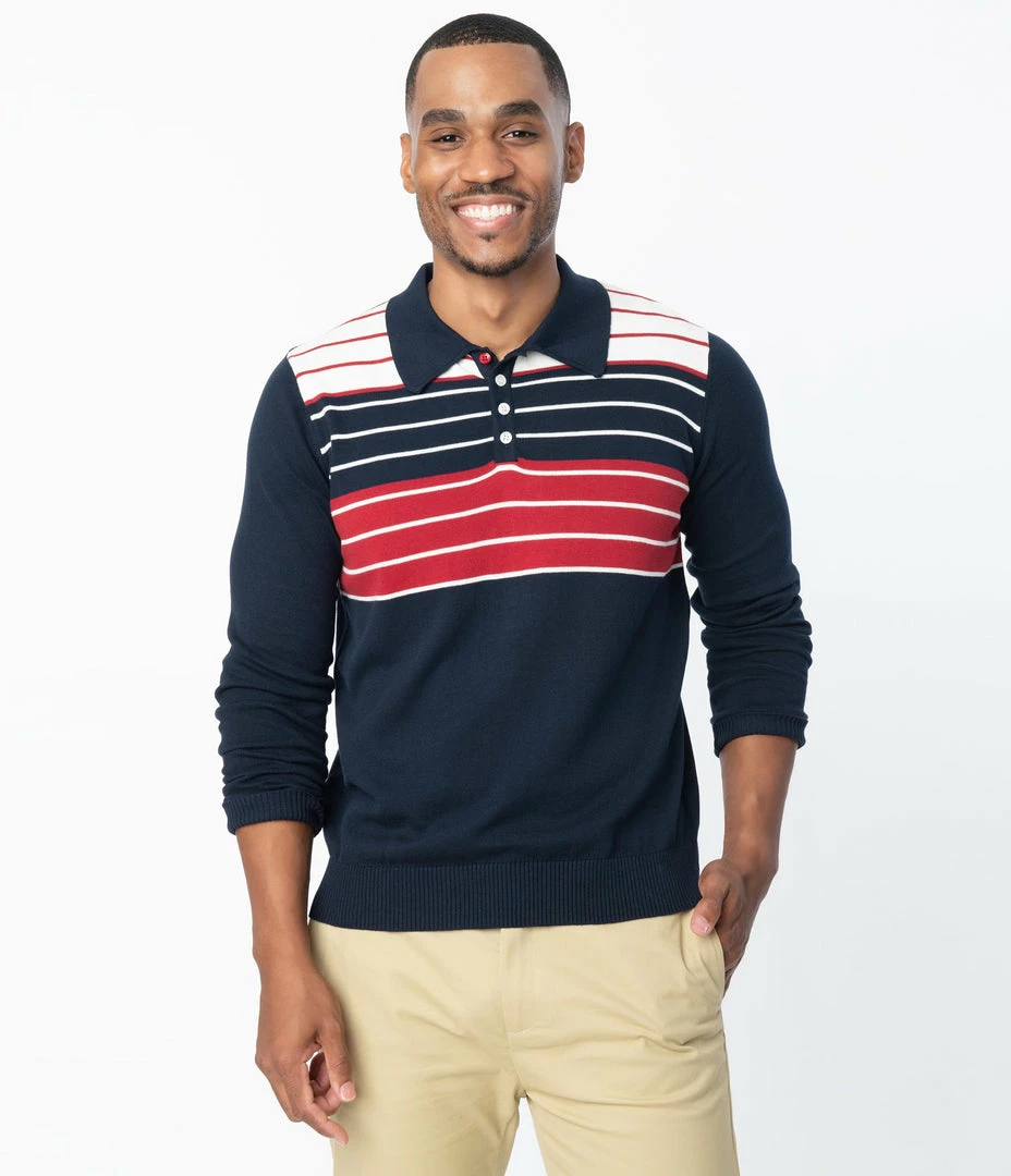 Collectif Navy & Red & White Stripe Jo Hunter Mens Polo Shirt Sale