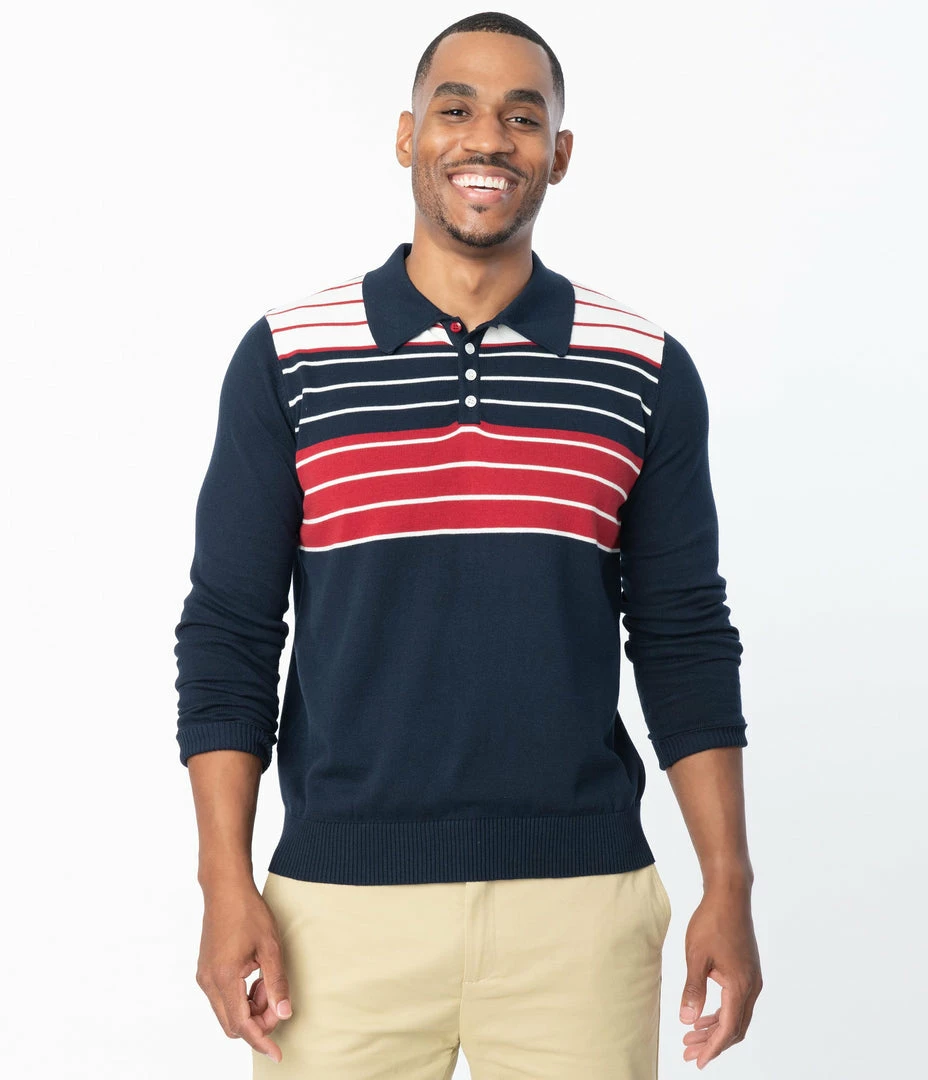 Collectif Navy & Red & White Stripe Jo Hunter Mens Polo Shirt Sale