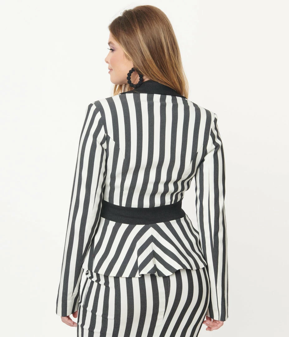 Beetlejuice X Unique Vintage Black & White Stripe Peplum Maitland Blazer Fan Flair