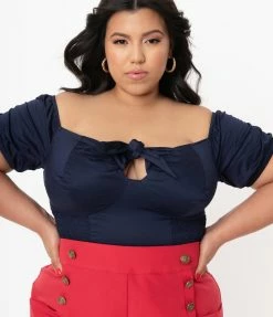 Unique Vintage Plus Size Dark Navy Turner Crop Top Sale