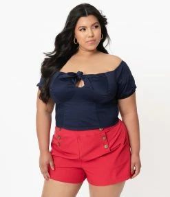 Unique Vintage Plus Size Dark Navy Turner Crop Top Sale