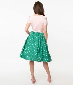 Sale Unique Vintage Green & Pink Hearts Print Susannah Swing Skirt