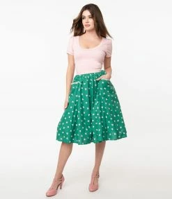 Sale Unique Vintage Green & Pink Hearts Print Susannah Swing Skirt