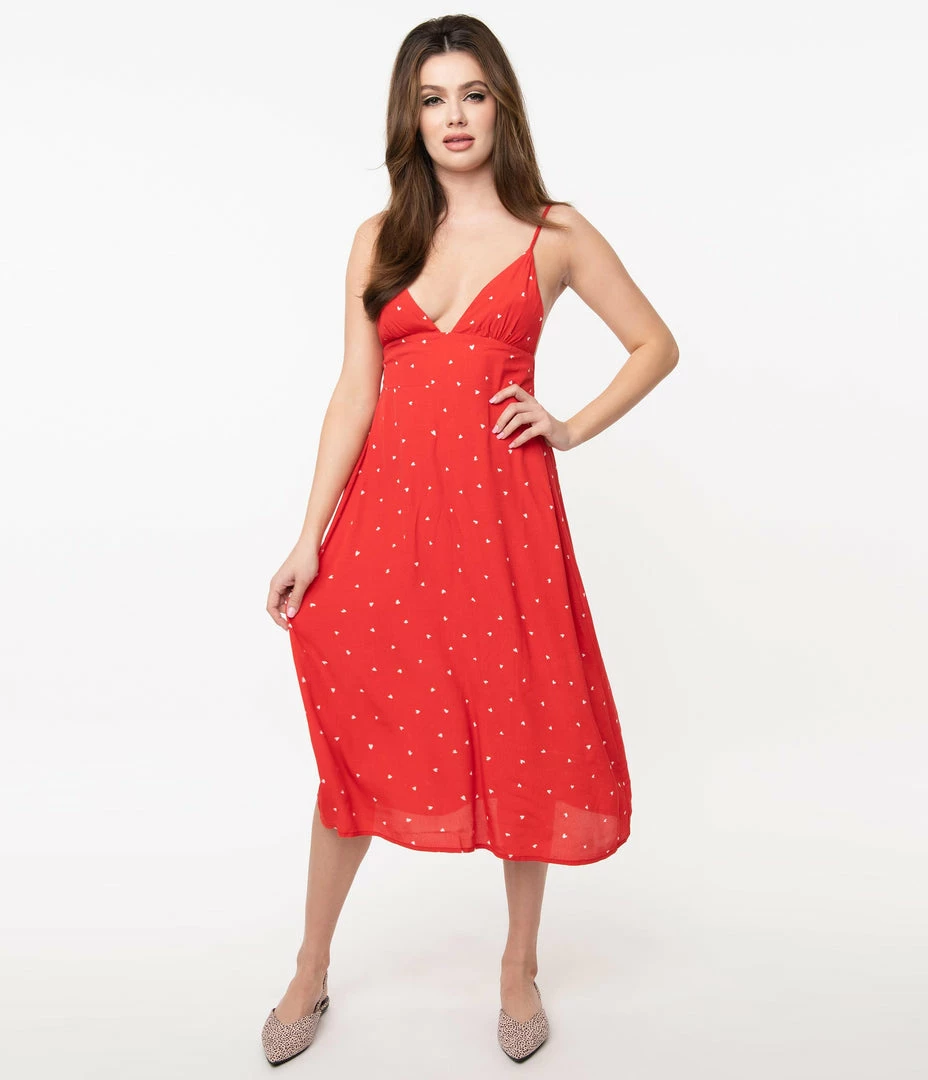 Dress Forum Retro Style Red & White Heart Print Midi Dress Sale