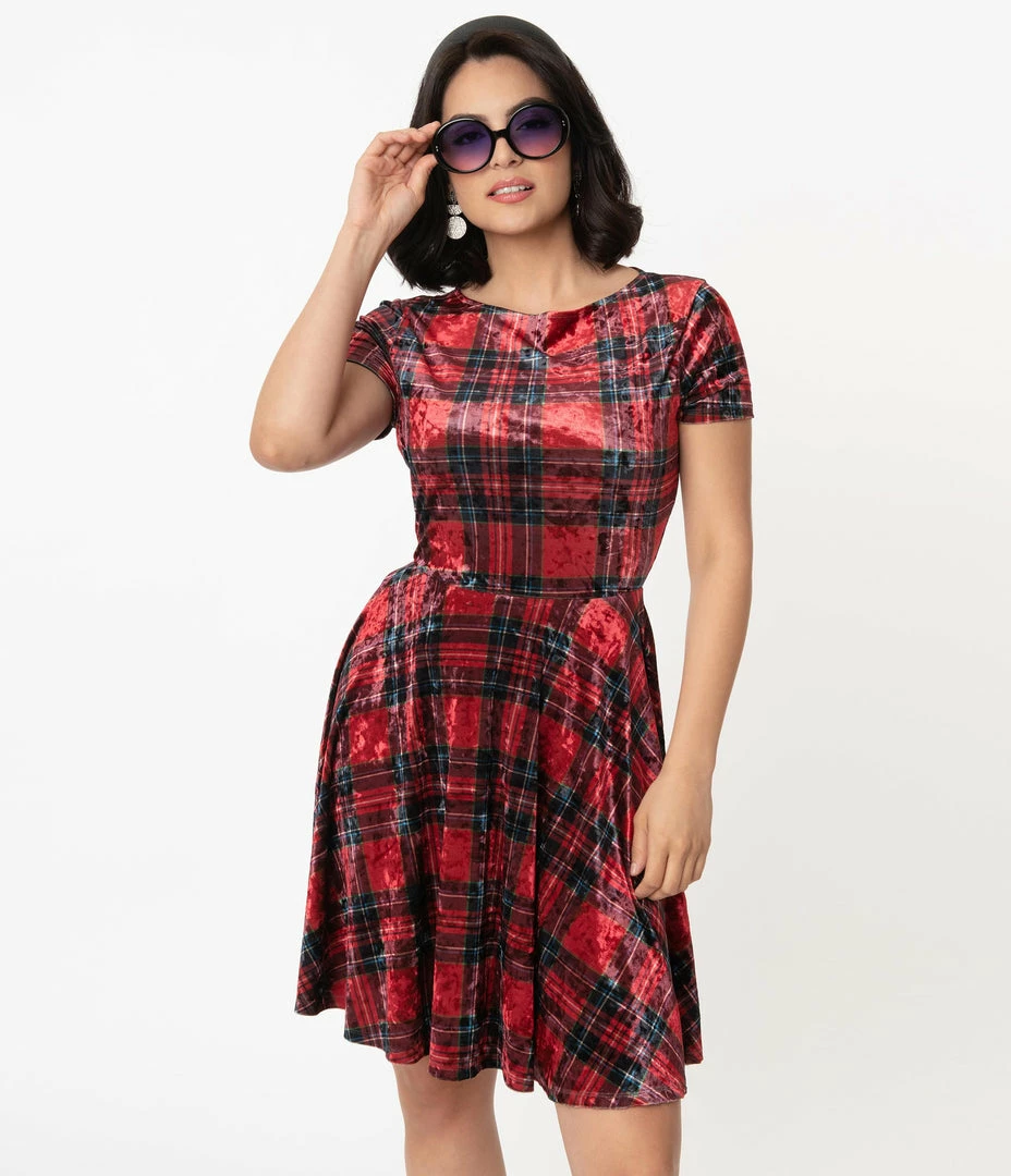 Sale Unique Vintage Red & Black Plaid Velvet Ricci Fit & Flare Dress