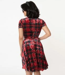 Sale Unique Vintage Red & Black Plaid Velvet Ricci Fit & Flare Dress