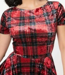 Sale Unique Vintage Red & Black Plaid Velvet Ricci Fit & Flare Dress