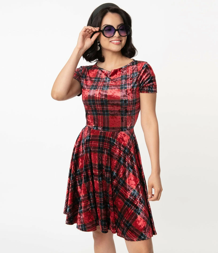 Sale Unique Vintage Red & Black Plaid Velvet Ricci Fit & Flare Dress