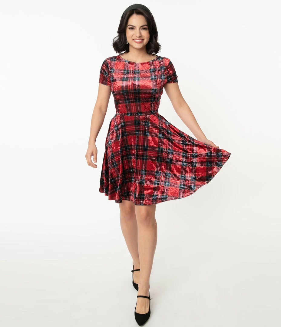 Sale Unique Vintage Red & Black Plaid Velvet Ricci Fit & Flare Dress
