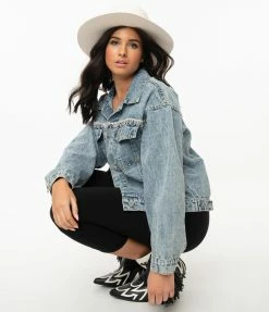 Moon Collection Retro Style Light Denim & Rhinestone Fringe Jean Jacket
