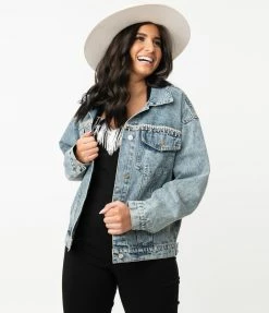 Moon Collection Retro Style Light Denim & Rhinestone Fringe Jean Jacket