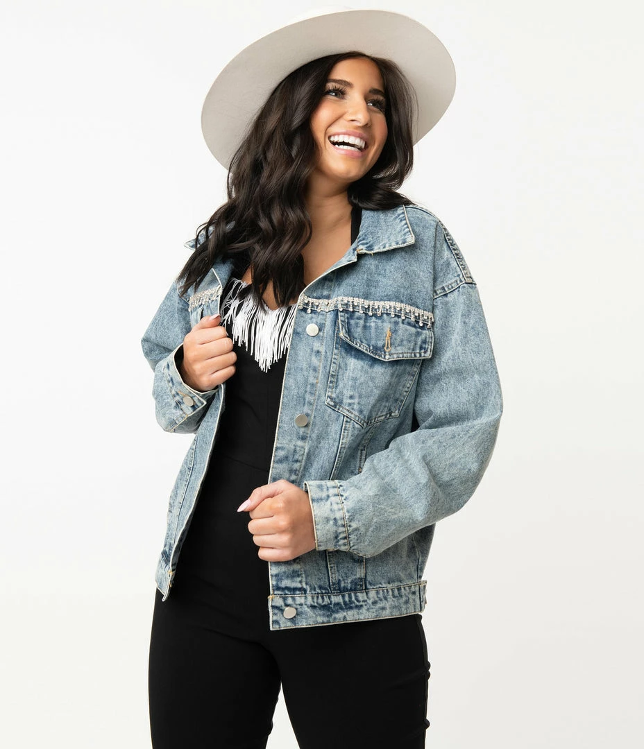 Moon Collection Retro Style Light Denim & Rhinestone Fringe Jean Jacket