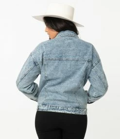 Moon Collection Retro Style Light Denim & Rhinestone Fringe Jean Jacket