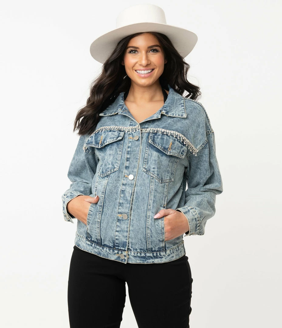 Moon Collection Retro Style Light Denim & Rhinestone Fringe Jean Jacket