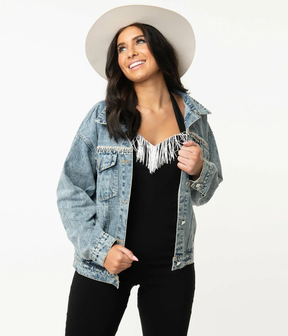 Moon Collection Retro Style Light Denim & Rhinestone Fringe Jean Jacket