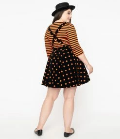 Sale Unique Vintage Plus Size Black & Orange Pumpkin Patch Corduroy Brionne Pinafore Skirt