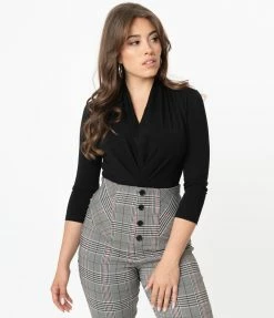 Unique Vintage Black Gathered Neckline Friday Night Bodysuit Sale