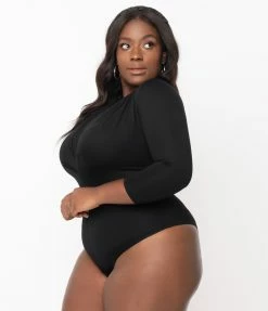 Unique Vintage Plus Size Black Gathered Neckline Friday Night Bodysuit Sale