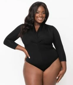 Unique Vintage Plus Size Black Gathered Neckline Friday Night Bodysuit Sale