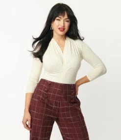 Unique Vintage Ivory Gathered Neckline Friday Night Bodysuit