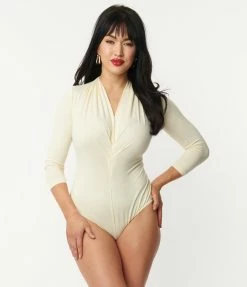 Unique Vintage Ivory Gathered Neckline Friday Night Bodysuit