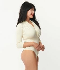 Unique Vintage Ivory Gathered Neckline Friday Night Bodysuit
