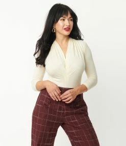 Unique Vintage Ivory Gathered Neckline Friday Night Bodysuit