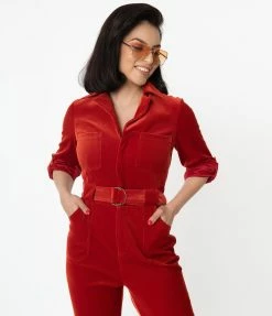 Sale Unique Vintage Rust Orange Corduroy Trixie Jumpsuit