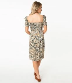 SHEEN Clothing Ltd 1970s Style Multicolor Leopard Print Athena Midi Shift Dress Sale