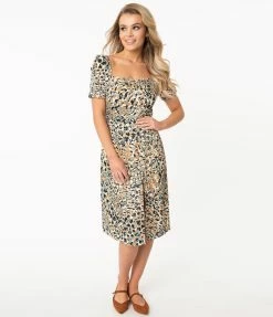 SHEEN Clothing Ltd 1970s Style Multicolor Leopard Print Athena Midi Shift Dress Sale