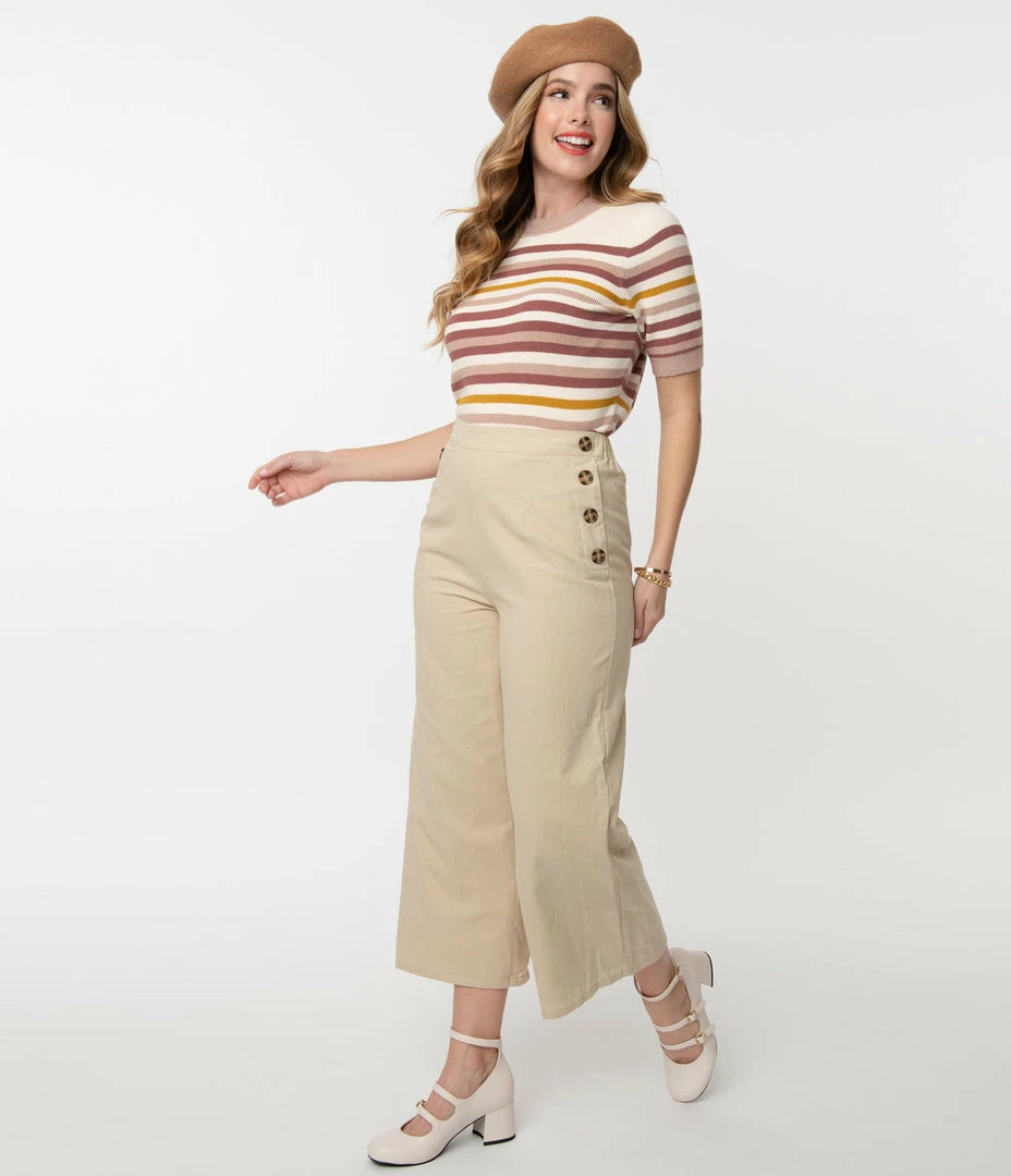 A Beauty By BNB Retro Style Tan High Waist Cropped Pants Sale