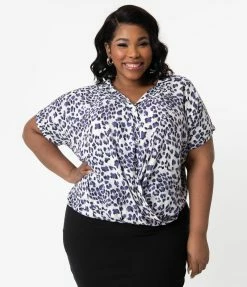 Hayden Sale Plus Size Retro Style White & Purple Leopard Print Blouse