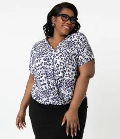 Hayden Sale Plus Size Retro Style White & Purple Leopard Print Blouse