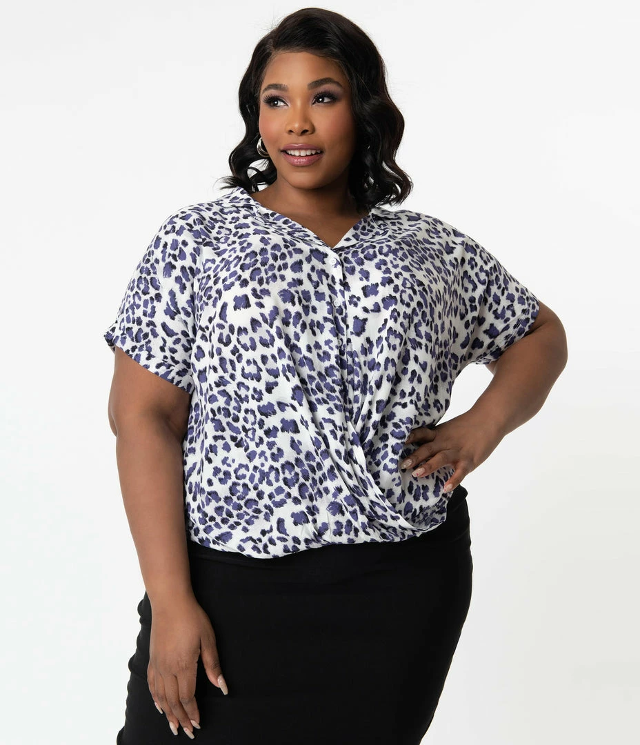 Hayden Sale Plus Size Retro Style White & Purple Leopard Print Blouse
