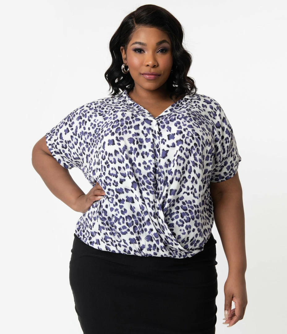 Hayden Sale Plus Size Retro Style White & Purple Leopard Print Blouse