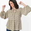 Hayden Sale Vintage Style Taupe & Black Speckle Print Peplum Blouse