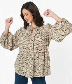Hayden Sale Vintage Style Taupe & Black Speckle Print Peplum Blouse