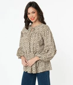 Hayden Sale Vintage Style Taupe & Black Speckle Print Peplum Blouse