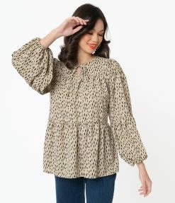 Hayden Sale Vintage Style Taupe & Black Speckle Print Peplum Blouse