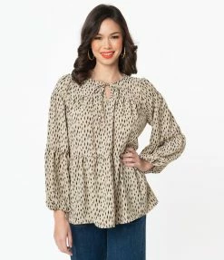 Hayden Sale Vintage Style Taupe & Black Speckle Print Peplum Blouse