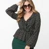 Peach Love Vintage Style Black & Taupe Spotted Print Peplum Blouse