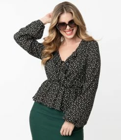 Peach Love Vintage Style Black & Taupe Spotted Print Peplum Blouse